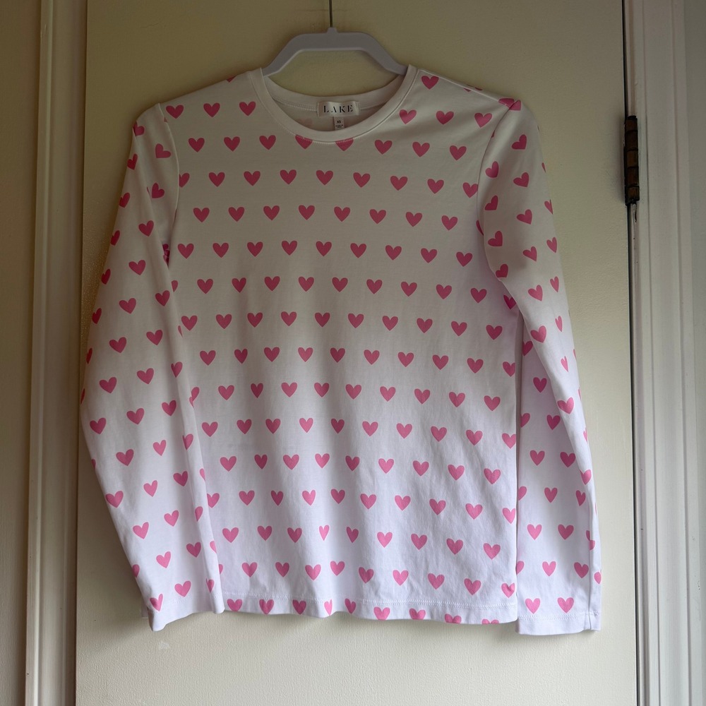 LAKE Pajamas Women XS White Pink Heart Print Pima Cotton Long Sleeve Tee Top